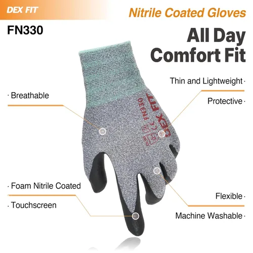 Miniatura 4 de DEX FIT FN330 - Guantes de trabajo de nitrilo, ajuste elástico 3D, agarre potente, táctil inteligente, recubierto de espuma resistente, fino y Gris