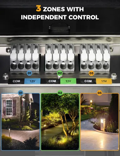 Miniatura 3 de COLOER Transformador de iluminación de paisaje de bajo voltaje Wi-Fi de 300 W, 2.4 GHz, transformador inteligente de bajo voltaje con 3 zonas, 120 V