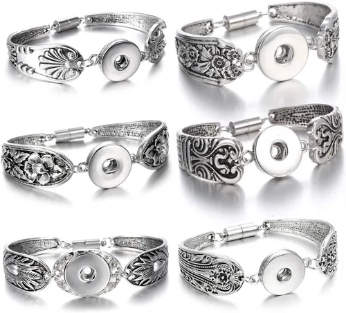 Flores talladas Vintage Snap Pulsera Brazalete para 0.709 in Snap Button Jewelry