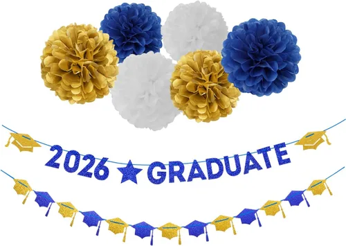 Cartel de graduación de decoración de fiesta de color azul marino y blanco dorado – 8 kits de guirnaldas de tapas, pompones de papel de papel con
