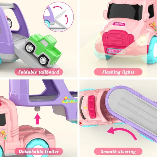Miniatura 9 de LASCOTON - Juguetes para niñas de 1, 2 y 3 años, camión transportador 5 en 1 para niñas pequeñas, autos de juguete alimentados por fricción