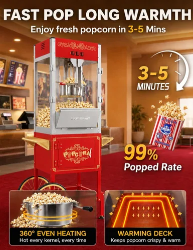 Miniatura 5 de Máquina comercial de palomitas de maíz con carrito, auténtica máquina de palomitas de maíz de 16 onzas con cubierta de vibración, máquina de Rojo