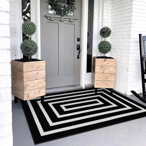 LEEVAN Alfombra de algodón tejido a rayas en blanco y negro de 3 x 5 pies, reversible, plegable, lavable, para interiores y exteriores, alfombra de