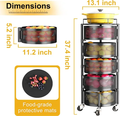 Miniatura 2 de SNTD Cesta de frutas y verduras para cocina con tapa superior de metal, carrito de almacenamiento giratorio de 5 niveles para papa, cebolla, pan