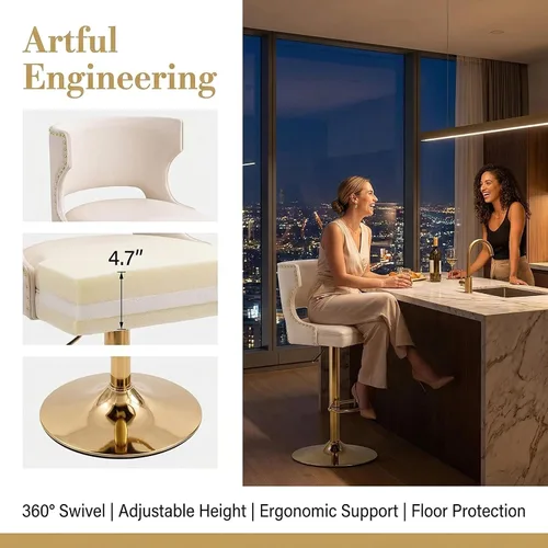Miniatura 6 de ROCITY Juego de 2 taburetes de bar color beige con respaldo de piel sintética con base dorada, isla de cocina moderna ajustable para comedor, barra