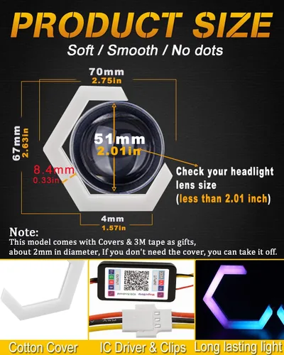 Miniatura 2 de Qasim Hexagon Ojos de Ángel 70MM RGB APP Control Anillos de Halo Luz de Retroceso para Coche Moto Accesorios de Decoración DRL Luz de Conducción