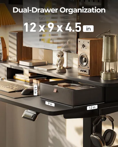 Miniatura 6 de FEZIBO Escritorio de pie de 48 x 24 pulgadas con altura ajustable, escritorio eléctrico de pie con doble cajón, escritorio de oficina en casa con 4