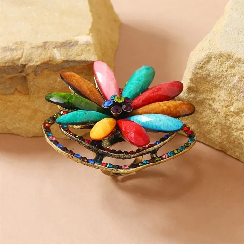 Miniatura 4 de Anillo de declaración de flores exageradas para mujeres y niñas, chapado en oro colorido con circonita cúbica, piedra natal, pétalos de flor