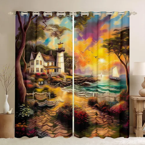Miniatura 19 de Erosebridal Nautical Lighthouse Blackout Curtains 30-50% Navigation Theme Curtains for Women Men Watercolor Seascape Window Treatments Coastal Night
