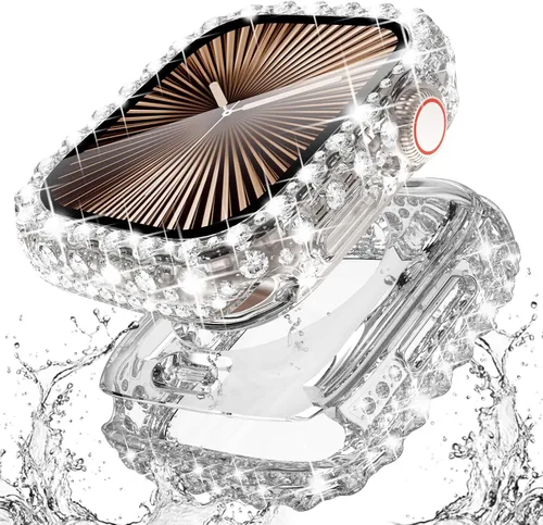 Miniatura 10 de Surace Estuche 2 en 1 impermeable brillante compatible con Apple Watch Series 9/8/7 de 45 mm, protector de pantalla, borde de encaje, diamante