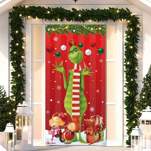 Miniatura 2 de Sunwer Letrero de Puerta de Navidad Verde Feliz Cubierta de Puerta Whoville Decoración de Fiesta de Invierno de Navidad Cartel de Porche Delantero