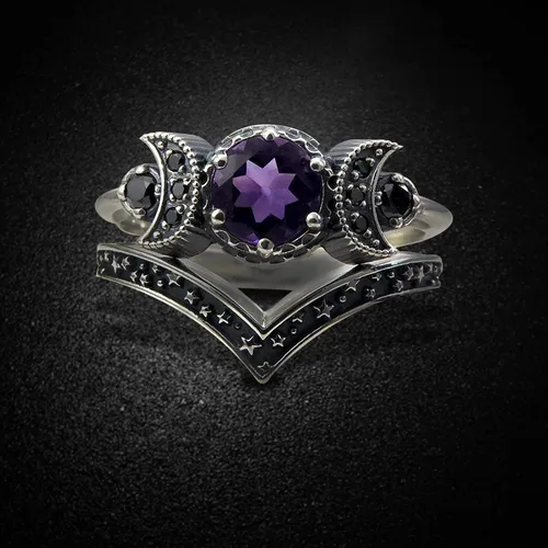 Anillo Dios de triple luna, anillo de amatista roja, regalos de joyería para mujeres y niñas, fases lunares, bohemio, gitano, joyería de festival