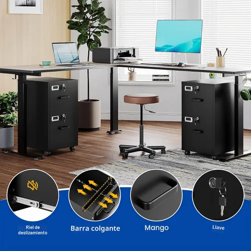 Miniatura 6 de BYNSOE - Archivador de 2 cajones con cerradura, archivador vertical de metal con ruedas, archivador móvil para oficina, hogar