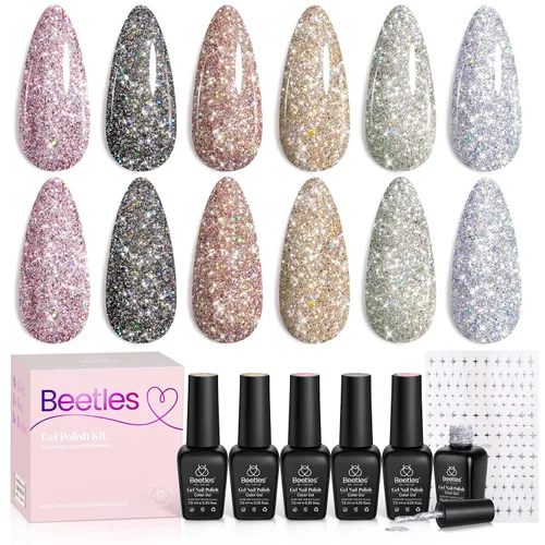 Miniatura 27 de Beetles - Esmalte de uñas de gel rojo, 6 colores, colección Marvelous Lady, esmalte de uñas con purpurina burdeos, nude, rojo brillante, diseño