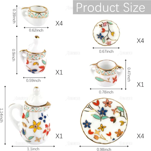 Miniatura 2 de AUEAR, Juego de 15 piezas de té de porcelana en miniatura 1:12 Miniatur Plato Taza Plato Accesorios Clásicos de Cocina (Patrón de Hoja Dorada)
