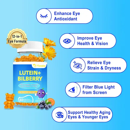 Miniatura 3 de Gomitas de luteína y zeaxantina de 20 mg con arándano, astaxantina, omega 3, vitamina C, E, suplemento de salud ocular sin azúcar para adultos