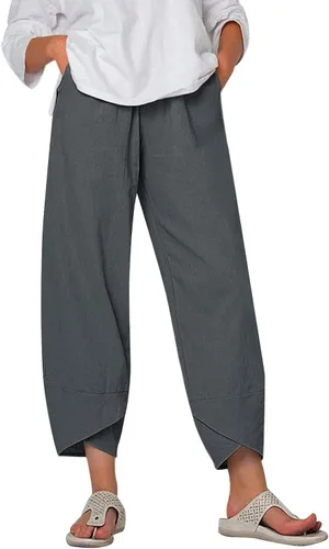 FEDULKSTORE Pantalones de pierna ancha de algodón y lino para mujer, pantalones palazzo casuales de verano de cintura alta, pantalones holgados para