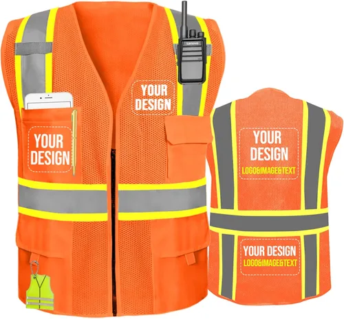 Miniatura 10 de Chaleco de seguridad personalizado BeautyWill con logotipo personalizado Clase 2, chaleco reflectante de alta visibilidad con bolsillos, ropa