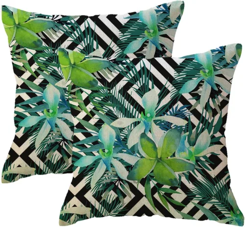 Miniatura 13 de ULOVE LOVE YOURSELF Paquete de 2 fundas de almohada cuadradas decorativas con diseño de hojas verdes tropicales con fondo geométrico, fundas