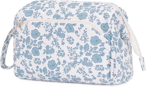 Miniatura 9 de Narwey - Bolsa grande de maquillaje con cremallera de apertura completa, organizador de cosméticos de viaje para mujeres y niñas, Azul grisáceo.
