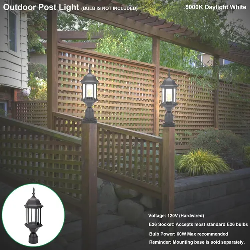 Miniatura 7 de LIT-PaTH Farol de poste de iluminación para exteriores, base mediana E26 máx. 60 W, carcasa de aluminio más vidrio, paquete de 2, acabado negro