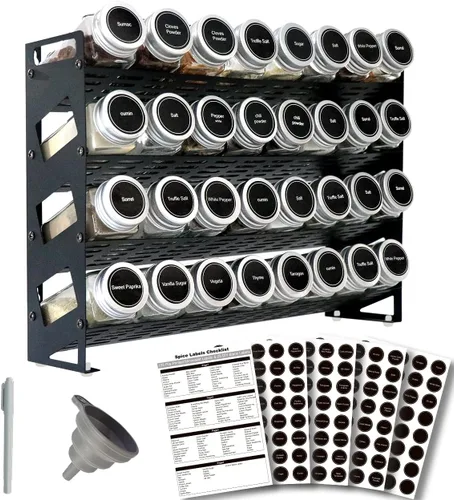 Organizador de especias de 4 niveles con 32 tarros cuadrados para especias y 160 etiquetas de especias para armario de cocina, encimera, despensa o