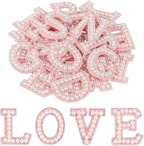 Miniatura 8 de Morcheiong 52 piezas de parches de letras de perlas con strass autoadhesivos A-Z, parches de letras de perlas para pegar en ropa, tela, mochila