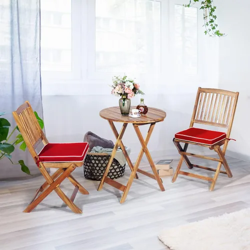 Miniatura 2 de Tangkula Juego de 3 piezas de sillas y mesa de madera de acacia para exteriores, con cojín acolchado y mesa de centro redonda, ideal para patio Rojo
