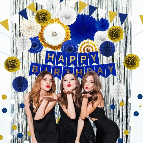 Miniatura 7 de Decoración de fiesta de feliz cumpleaños azul marino y dorado, 24 abanicos de papel colgantes, guirnalda de flores con pompones, guirnalda