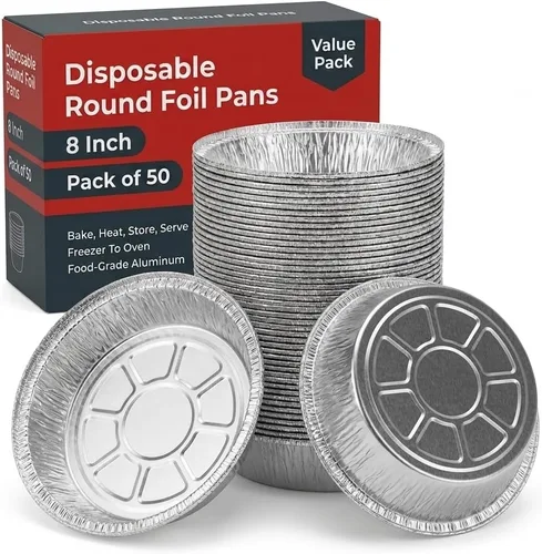 Mr Miracle Paquete de 50 sartenes desechables de papel de aluminio – Sartenes circulares de aluminio de 8 pulgadas, ideales para hornear, almacenar,