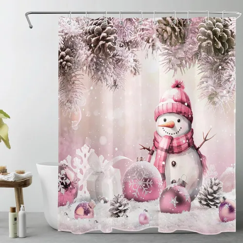 LB Cortina de ducha de Feliz Navidad, bola de Navidad rosa, bonita cortina de ducha de muñeco de nieve, juego de cortina de ducha de invierno blanco