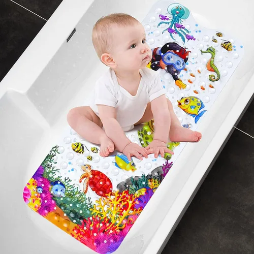 Miniatura 5 de Tapete de baño para bebé para niños, tapete antideslizante sin BPA para niños, tapete de dibujos animados antideslizante con ventosas y agujeros