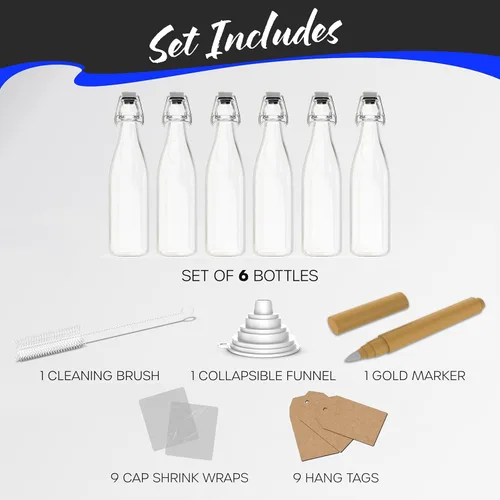 Miniatura 9 de Nevlers Botellas de vidrio con tapa abatible de 33 onzas con tapones, botella de vidrio abatible con tapa, paquete de 6 botellas resellables de 1