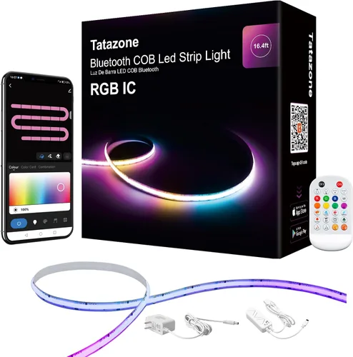 Miniatura 9 de Tatazone Tira de luz LED COB Bluetooth RGB+IC de 6.56 pies con aplicación, tira de luz COB de persecución, control segmentado, sincronización