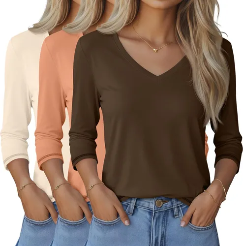 Miniatura 27 de Ficerd Paquete de 3 camisetas de manga 3/4 para mujer, cuello en V, blusas holgadas, blusas casuales, ropa de moda 2026