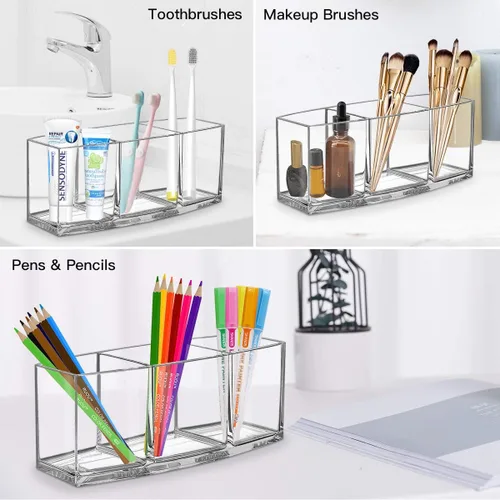 Miniatura 2 de Organizador de brochas de maquillaje transparente, organizador de brochas de maquillaje acrílico de alta calidad, 3 compartimentos, soporte