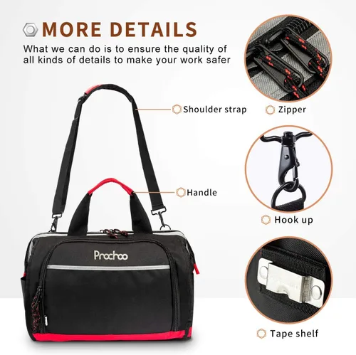 Miniatura 4 de Bolsa de herramientas de boca ancha con 25 bolsillos bolsa de almacenamiento de 16 pulgadas con correa de hombro ajustable negro/rojo