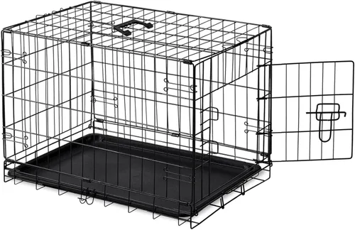 Miniatura 14 de DUMOS Jaula para perros, jaula mediana de doble puerta de 36 pulgadas con bandeja de plástico a prueba de fugas, asa, perrera plegable de alambre