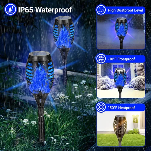 Miniatura 4 de Paquete de 4 antorchas solares impermeables para exteriores, llama parpadeante azul, luces solares de jardín para patio, antorchas Tiki