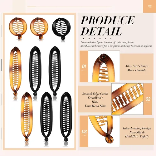 Miniatura 5 de Chuangdi 12 pinzas de plátano para mujer, pinzas clásicas para el cabello con doble peineta, cola de pez grande, soporte para cola de caballo