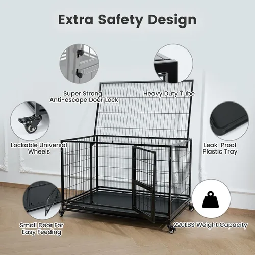 Miniatura 2 de Gardner Pet Jaula para perros resistente de 43 pulgadas con ruedas, jaula de metal plegable para perros pequeños y grandes, jaula indestructible