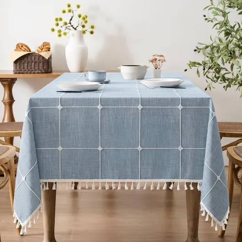 Miniatura 30 de ZeeMart - Mantel de mesa con diseño de cuadrícula boho y borlas (blanco roto, 132 cm x 132 cm), mantel de gran peso de lino a cuadros bordado