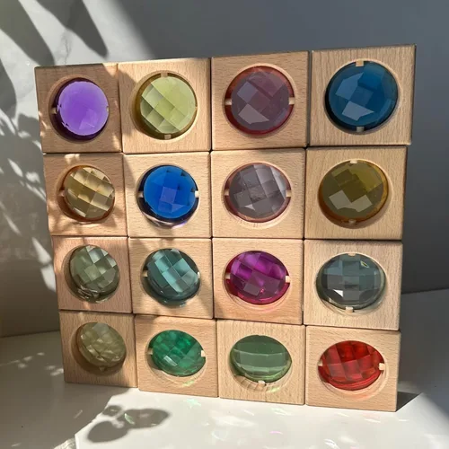 Miniatura 7 de 20 piezas de bloques de gemas de madera, juguetes de apilar, bloques de ventanas acrílicos coloridos, cubos de construcción de cristal acrílico