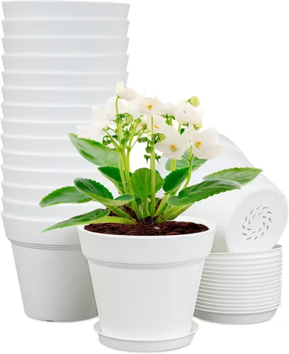 Miniatura 10 de Meowell Macetas de plástico de 6 pulgadas, paquete de 16 macetas para plantas de interior y exterior, macetas con agujeros de drenaje y platillos
