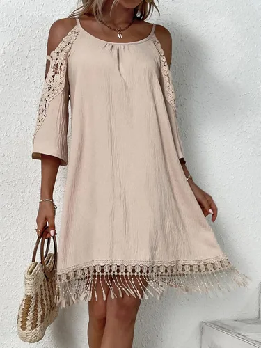 Miniatura 6 de WDIRARA Vestido corto de encaje con hombros descubiertos y cuello redondo, dobladillo con flecos para mujer