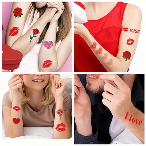 Miniatura 9 de Tatuaje temporal para el día de San Valentín para adultos y niños, tatuajes falsos de labios de corazón rojo, flecha de ángel rosa, calcomanías
