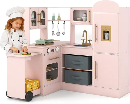 Miniatura 11 de HONEY JOY Cocina de Juego de Esquina con Carrito Rodante, Juego de Cocina de Juguete de Madera de Simulación con Luces, Máquina de Hielo, Estufas