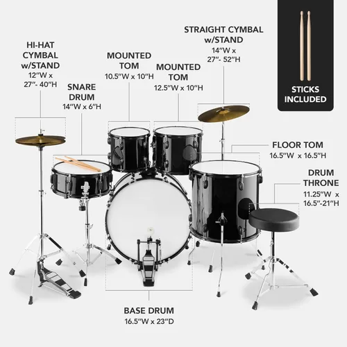 Miniatura 2 de Best Choice Products Juego completo de batería para adultos de 5 piezas con soportes de platillo, taburete, pedal de tambor, palos, piso Tom - negro