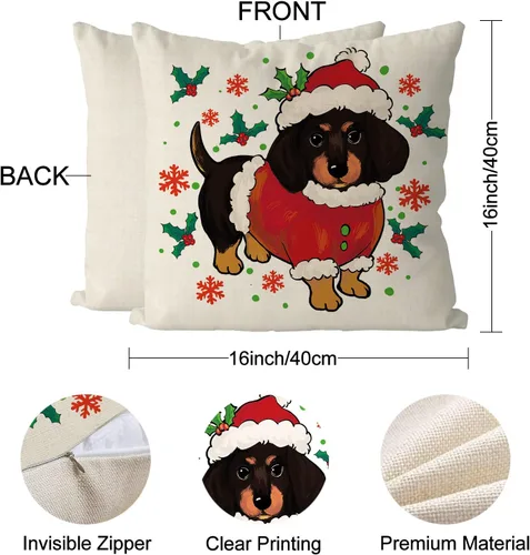 Miniatura 3 de Juego de 4 fundas de almohada navideñas para decoración de perro salchicha para el hogar, sofá, sala de estar, 16 x 16 pulgadas