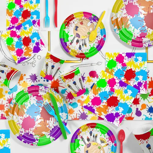 Miniatura 4 de APOWBLS Vajilla de decoración de fiesta de arte, suministros para fiestas de pintura, plato de papel, taza, servilleta, mantel, cubiertos, pintura